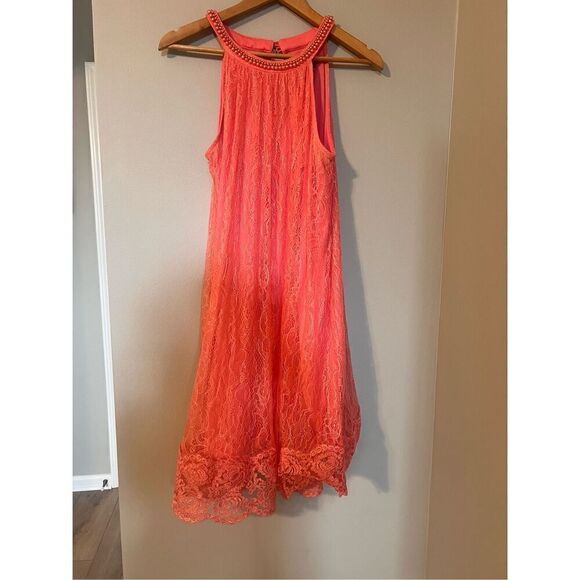 Adrianna Papell 10 High Neck Sleeveless Cocktail Dress Coral Pink Lace Overlay - Picture 6 of 14